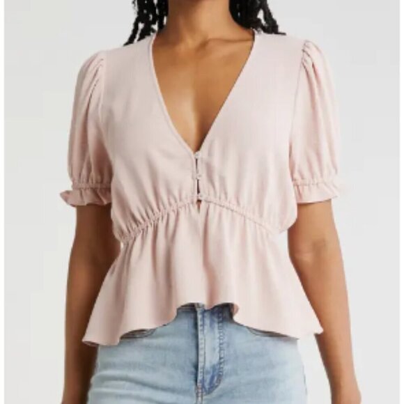 Shinestar Tops - Pink V Neck Blouse Cropped Bell Sleeves Babydoll Peplum